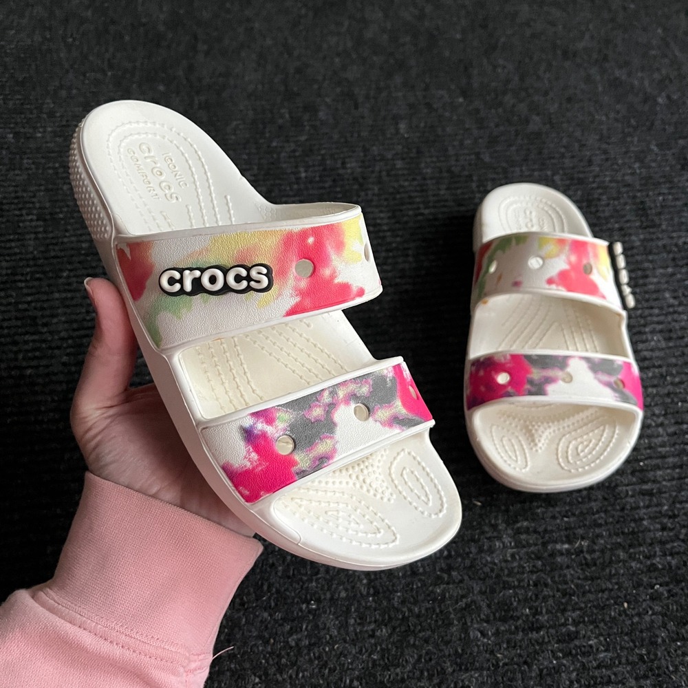 Crocs Classic Sandal Womens 6 White Tie Dye Two Strap Slide Comfort Shoes slipon